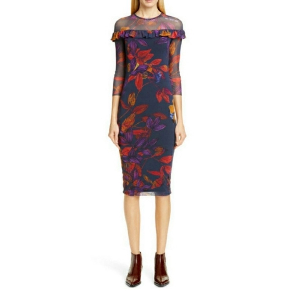 Fuzzi Floral Ruffle Trim Sheer Sleeve Fitted Midi Dress